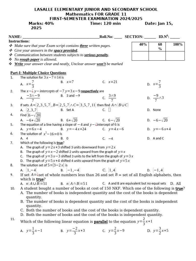 Grade 11 Mathematics Exam Instructions | PDF | Elementary Mathematics ...