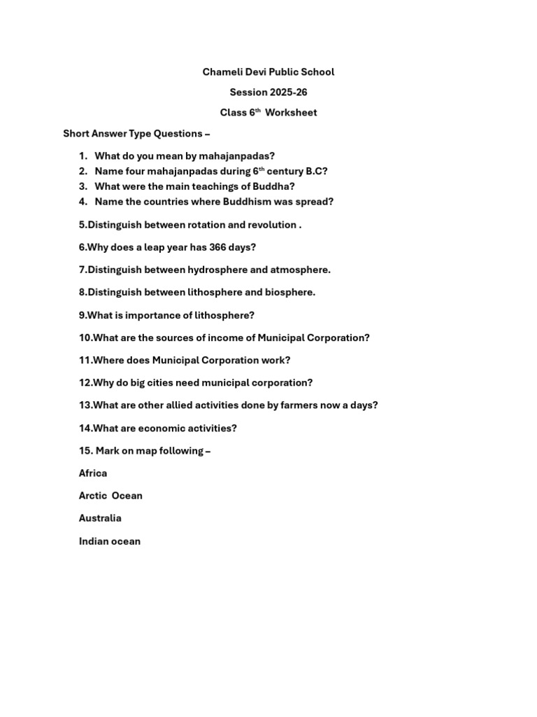 Class 6 Worksheet: Short Answer Questions | PDF