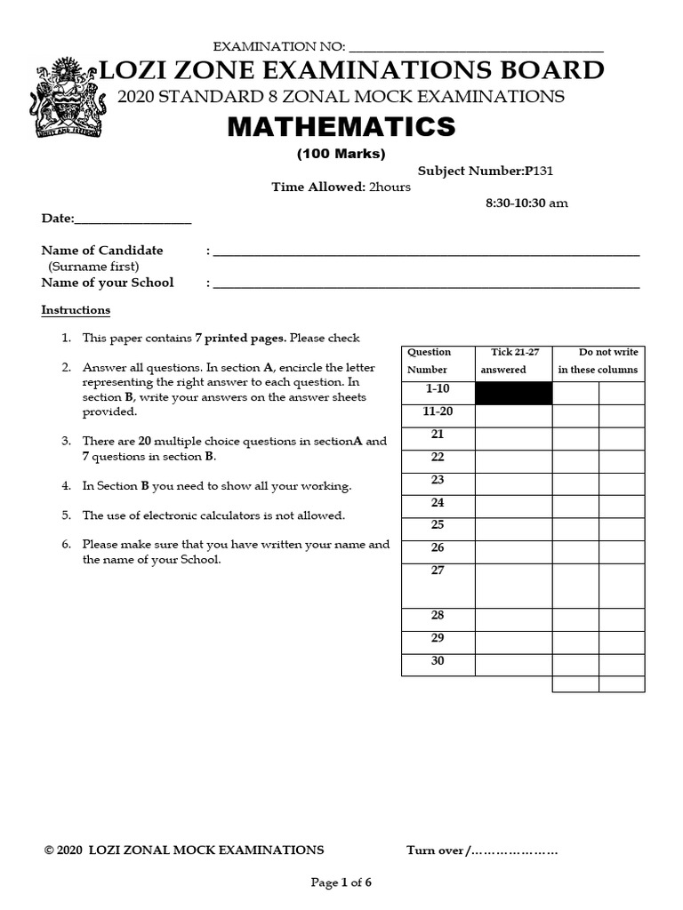 2020 Standard 8 Zonal Mock Math Exam | PDF | Mathematics