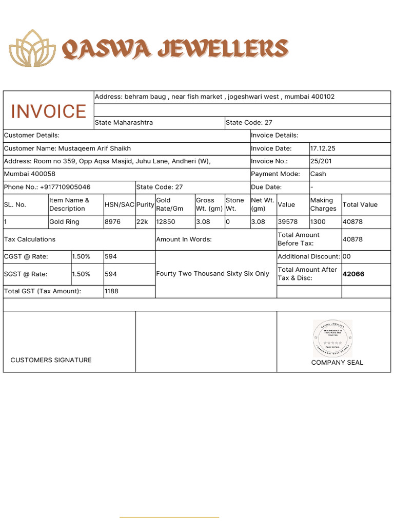 Invoice for Gold Ring Purchase | PDF