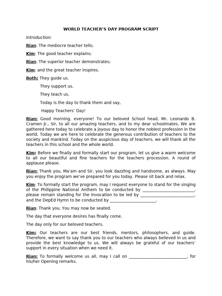 World Teacher's Day Program Script | PDF