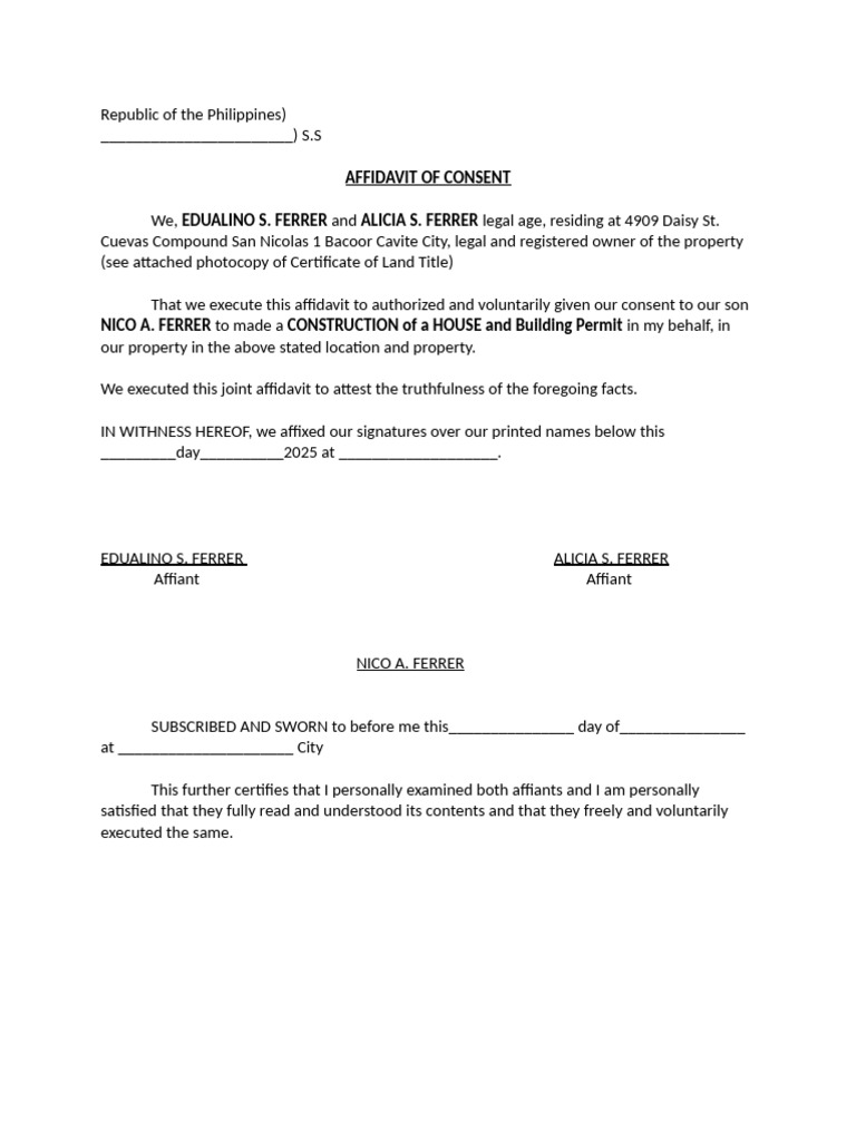 Affidavit of Consent for Construction | PDF