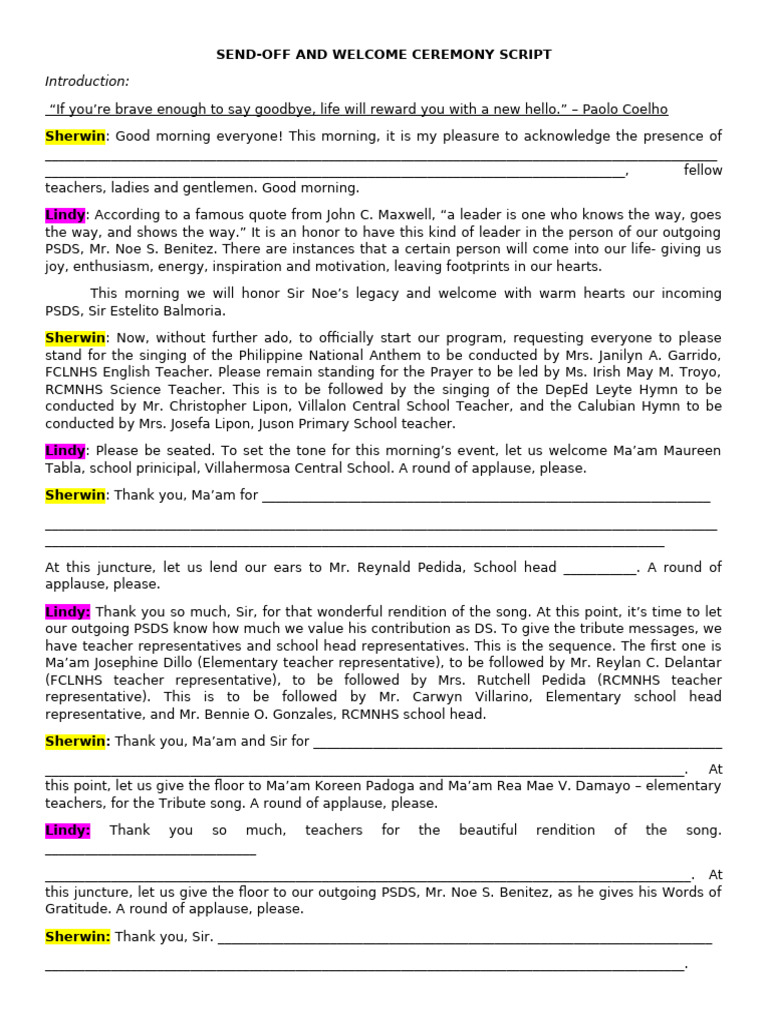 Send-Off and Welcome Ceremony Script | PDF
