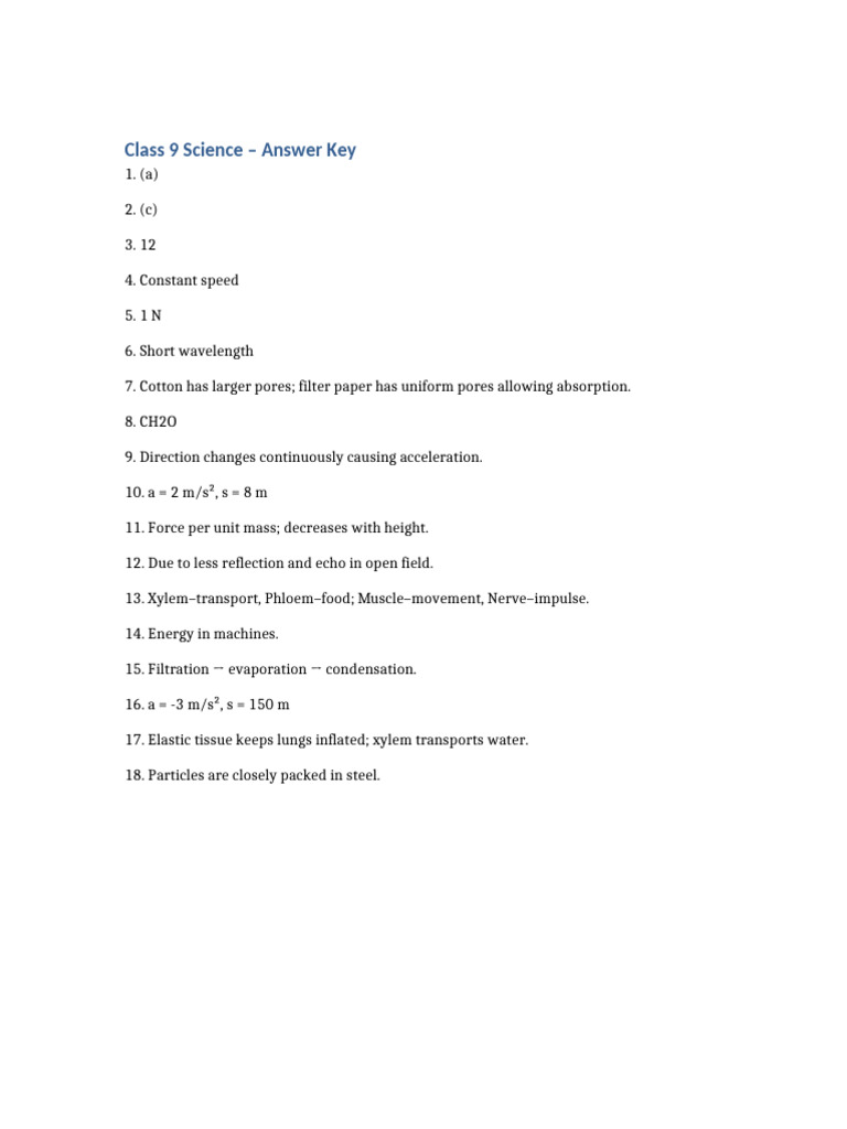 Class 9 Science Answer Key Summary | PDF