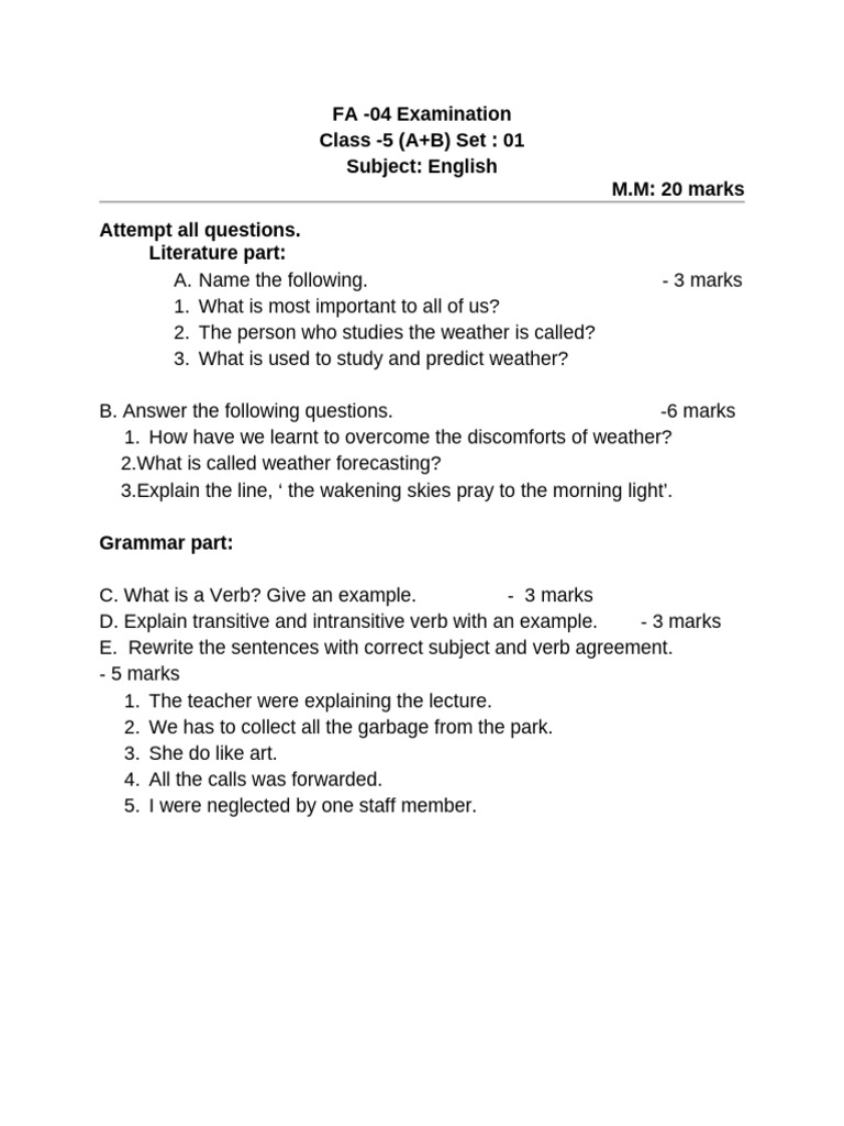 Class 5 English Exam: Literature & Grammar | PDF