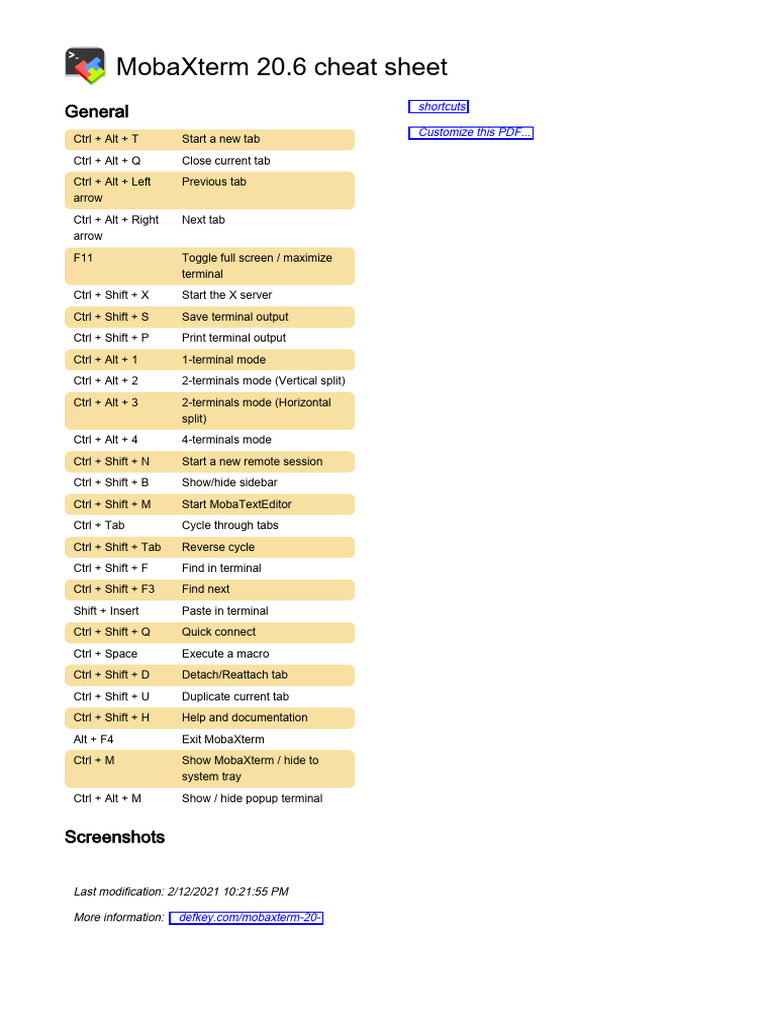 MobaXterm 20.6 Keyboard Shortcuts Guide | PDF