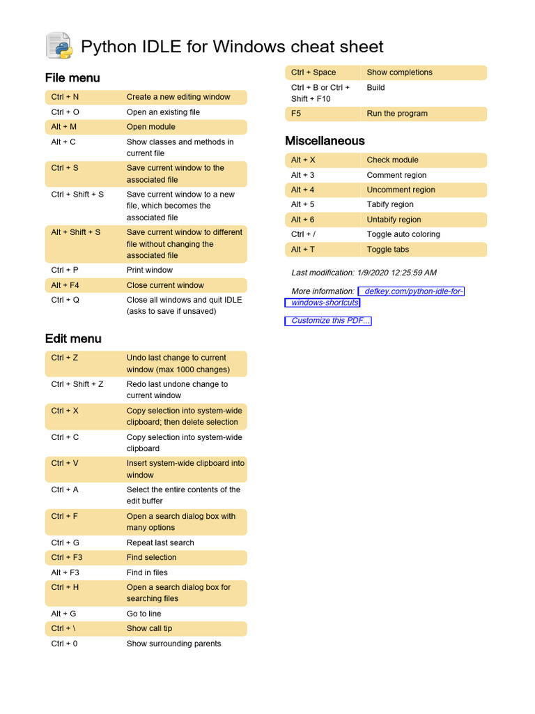 Python IDLE Windows Shortcuts Guide | PDF | Software | Computing