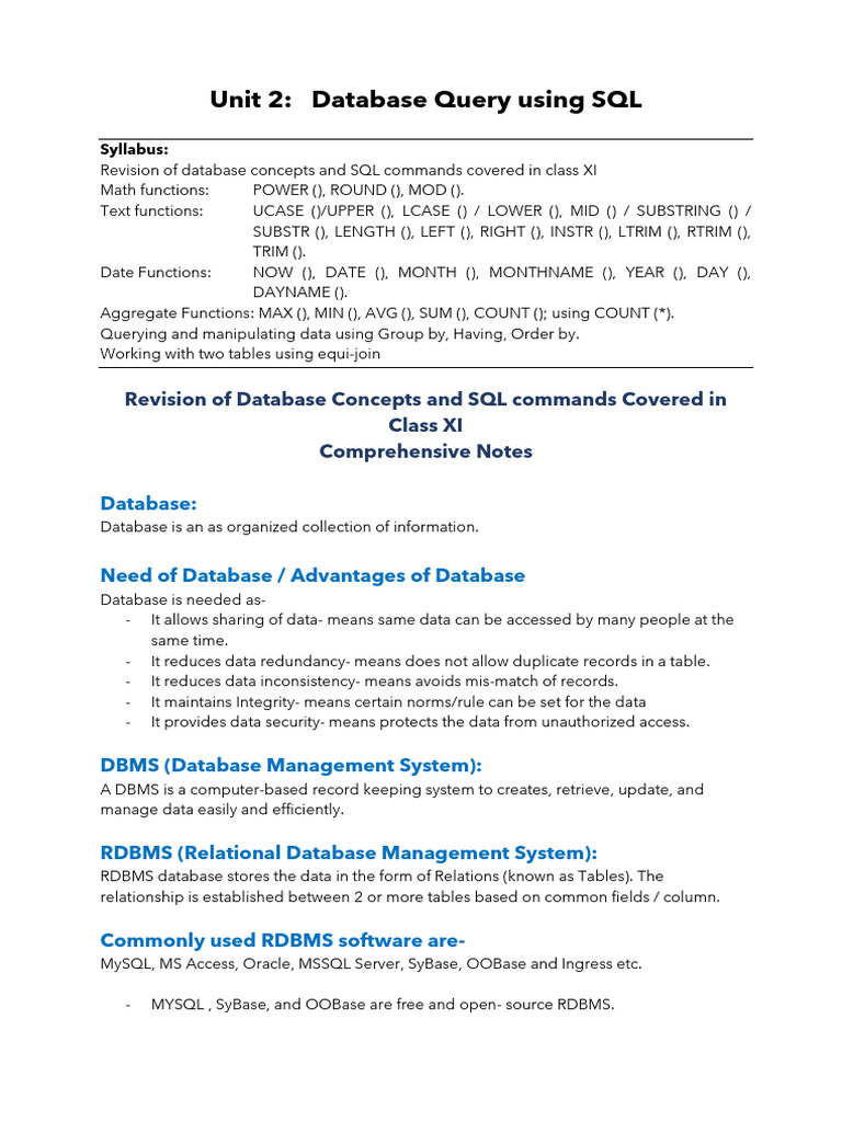 Unit 2 - Database Query Using SQL QUESTION BANK 202 - 251215 - 185331 ...