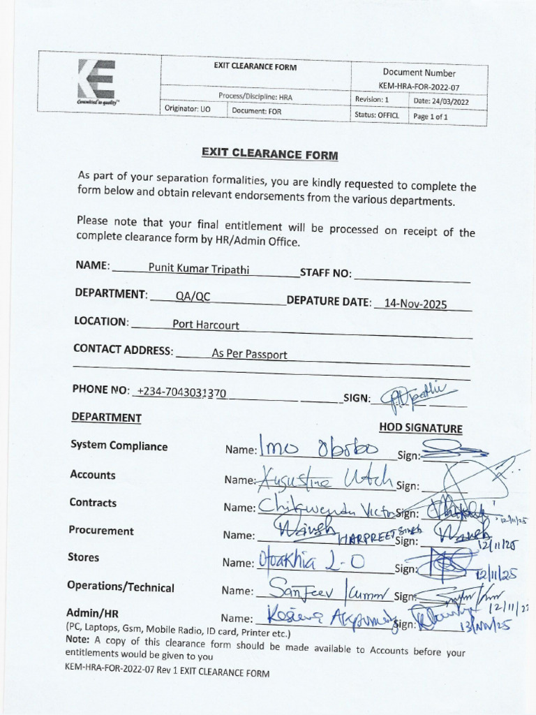 Exit Clearance Form - Punit Tripathi | PDF