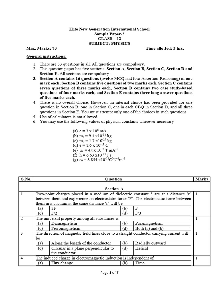 Class 12 Physics Sample Paper 2 | PDF | Capacitor | Capacitance