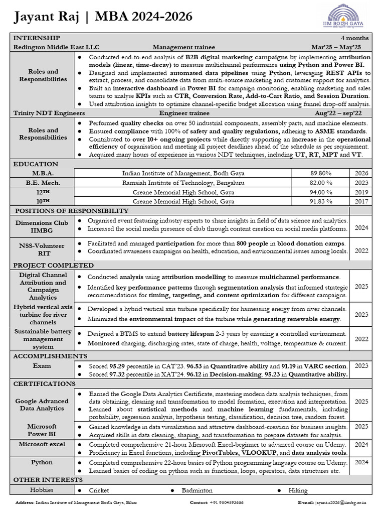 Resume Mba 3023 10 - Jayant Raj | PDF | Data Analysis | Analytics