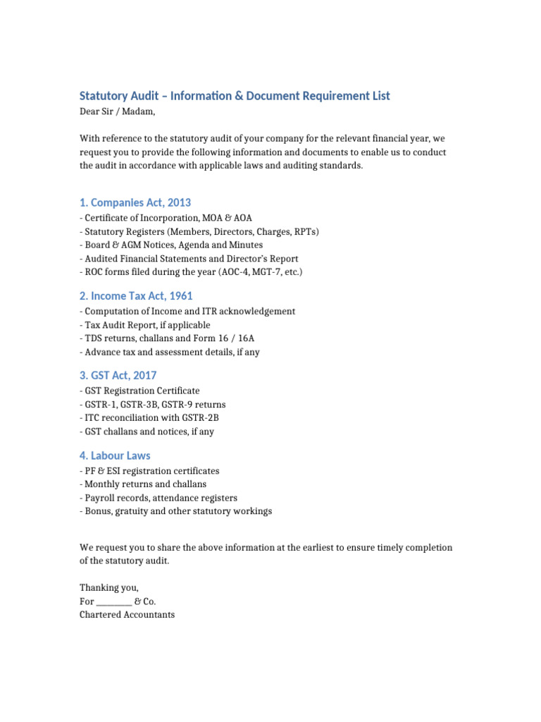 Statutory Audit Document Checklist | PDF | Audit | Accounting