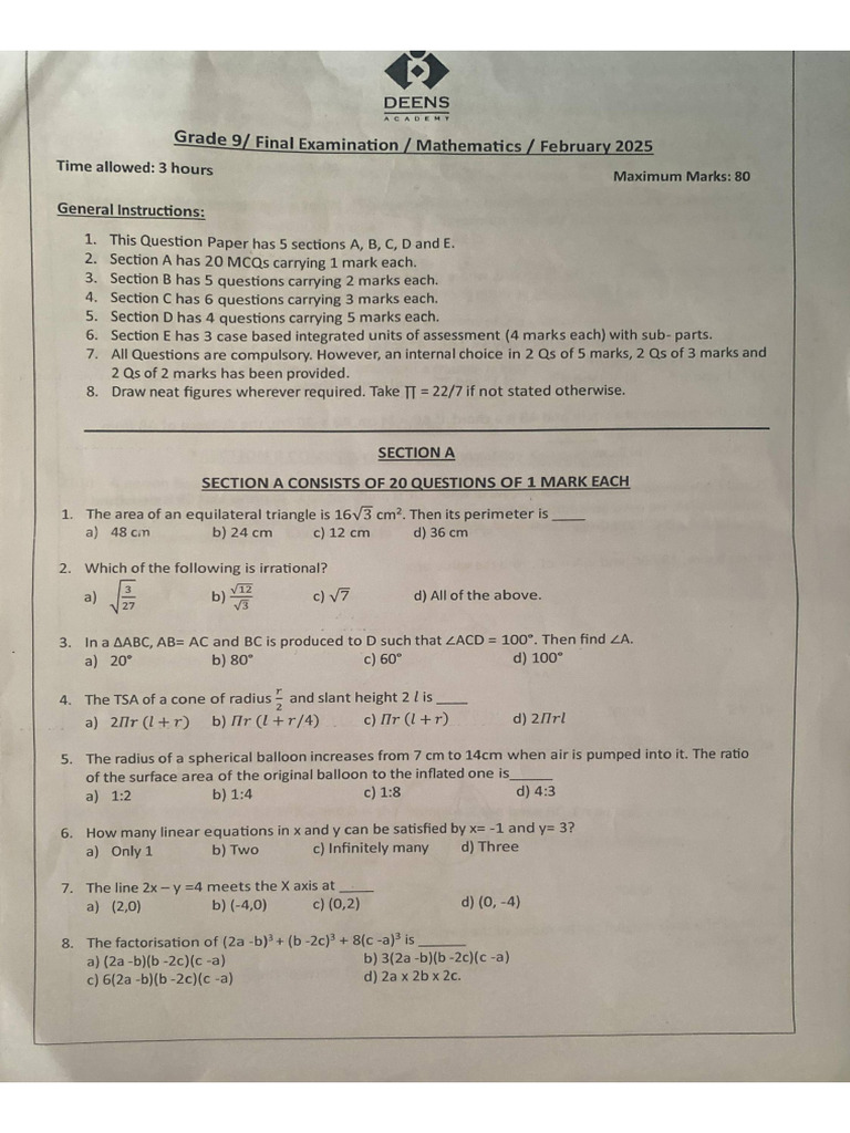 Deens Academy Grade 9 Maths Paper | PDF