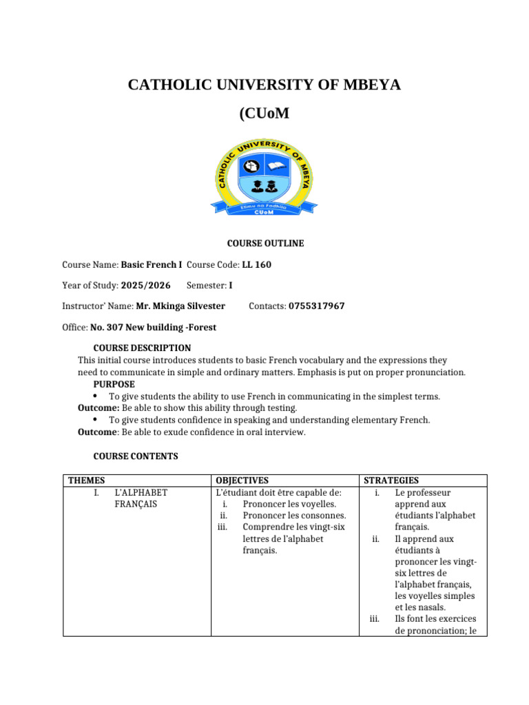 Cours de Français de Base I - CUoM | PDF | Langues en Europe | Phonétique