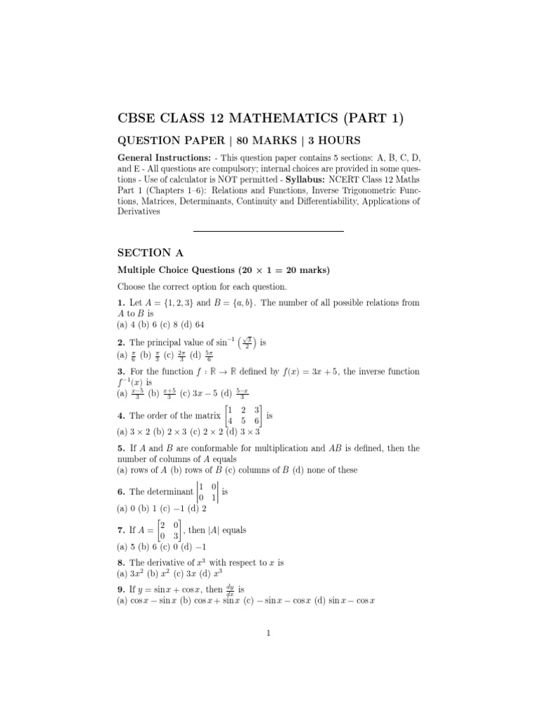 CBSE Class 12 Maths Question Paper | PDF | Determinant | Matrix ...