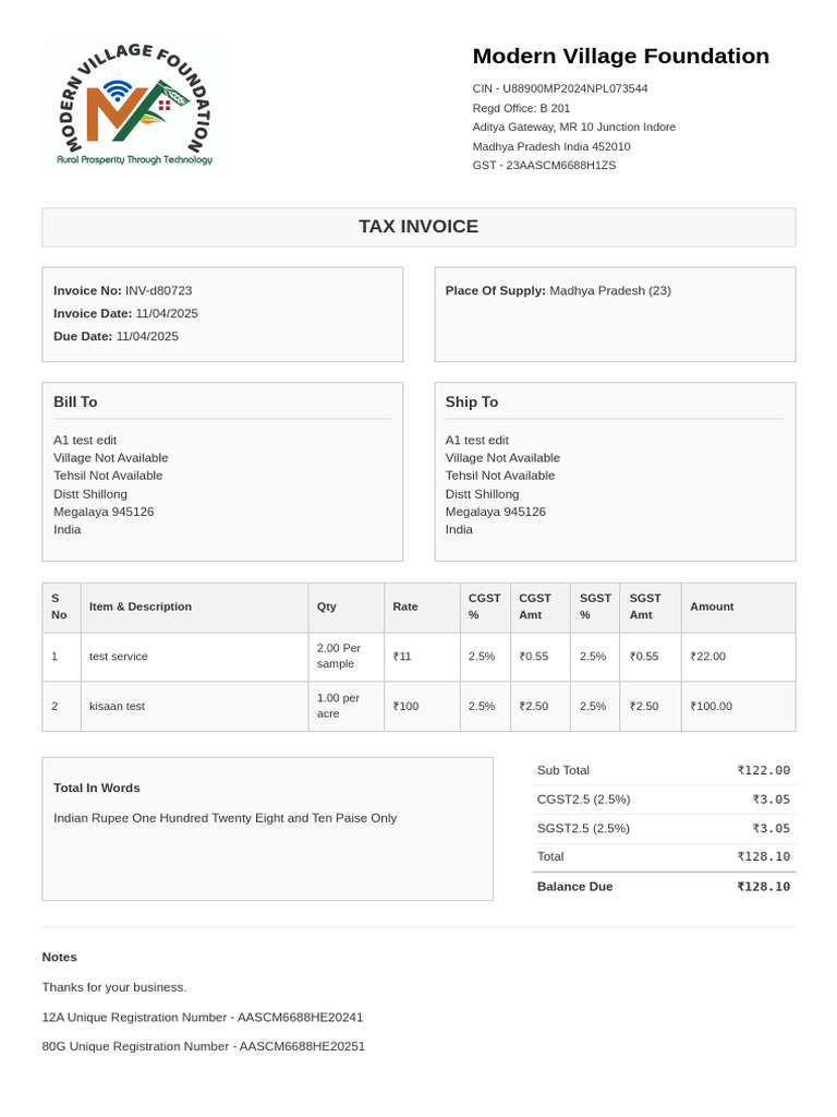 Modern Village Foundation Tax Invoice | PDF | Sales | Taxes
