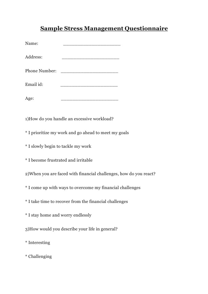 Sample Stress Management Questionnaire | PDF