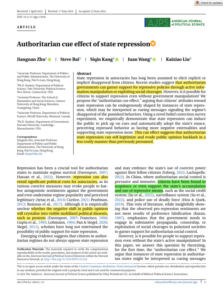 American J Political Sci - 2024 - Zhu - Authoritarian Cue Effect of ...