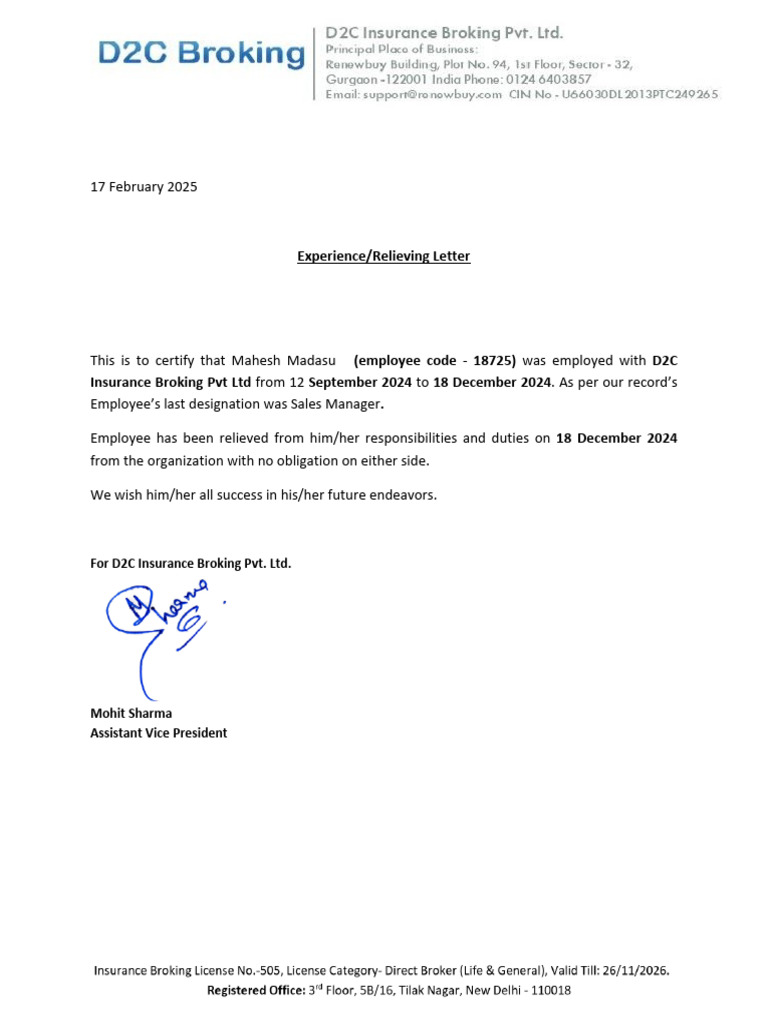 D2B Releiving Letter | PDF
