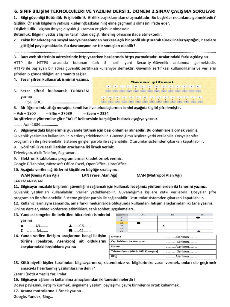 Sinif Bilişim Teknolojileri Ve Yazilim Dersi 1. Dönem 2.sinav Çalişma ...