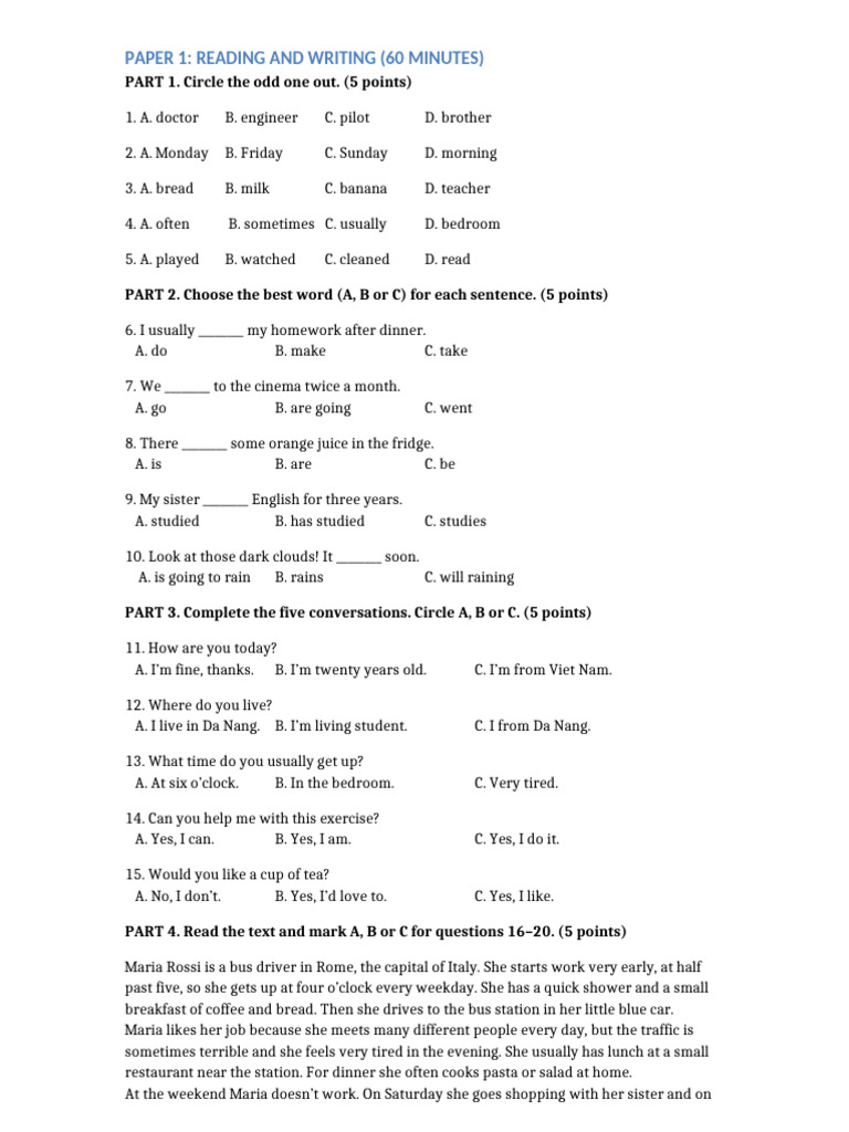 English Reading and Writing Practice Test | PDF | Lunch
