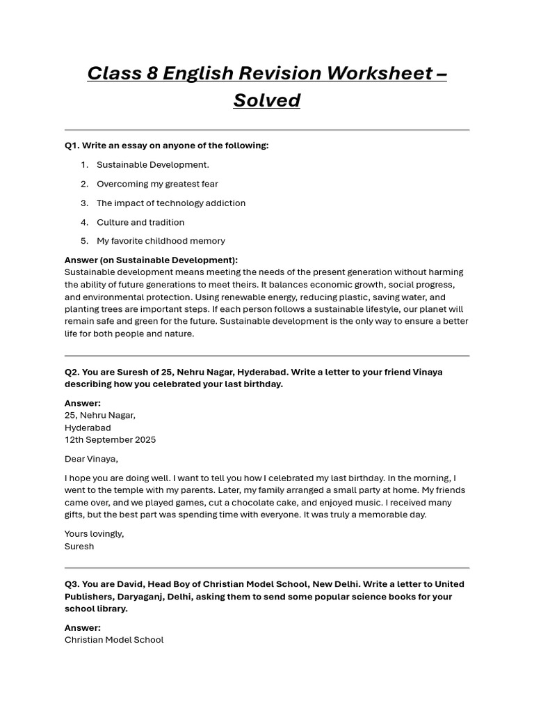 Class 8 English Revision Worksheet | PDF | Verb | Linguistics