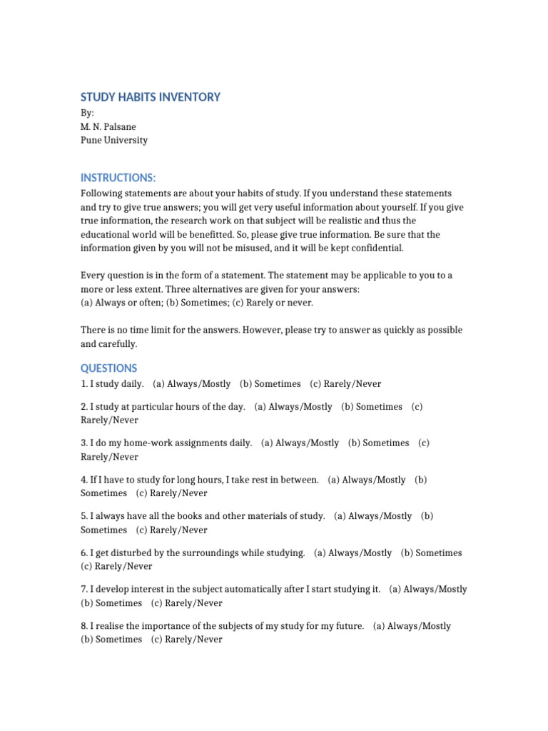 Study Habits Inventory Question Paper | PDF