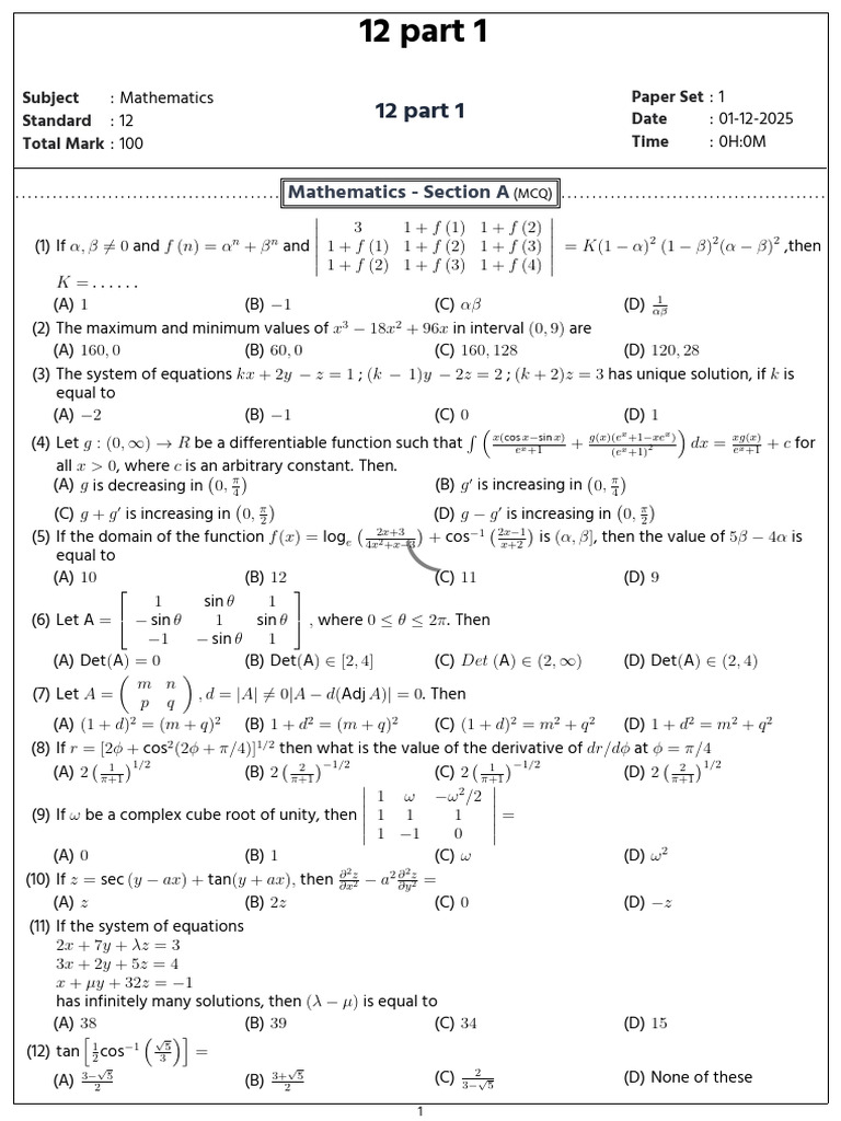 Mathematics Exam Paper Set 1 Solutions | PDF | Sphere | Mathematical ...