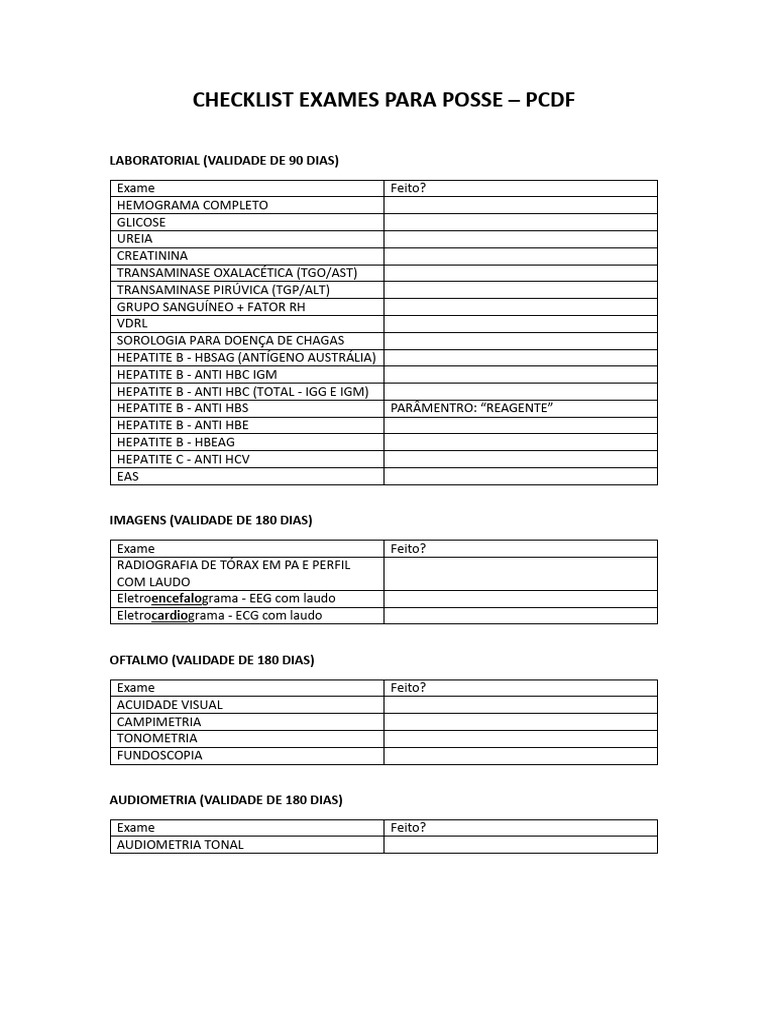 Checklist de Exames para Posse PCDF | PDF