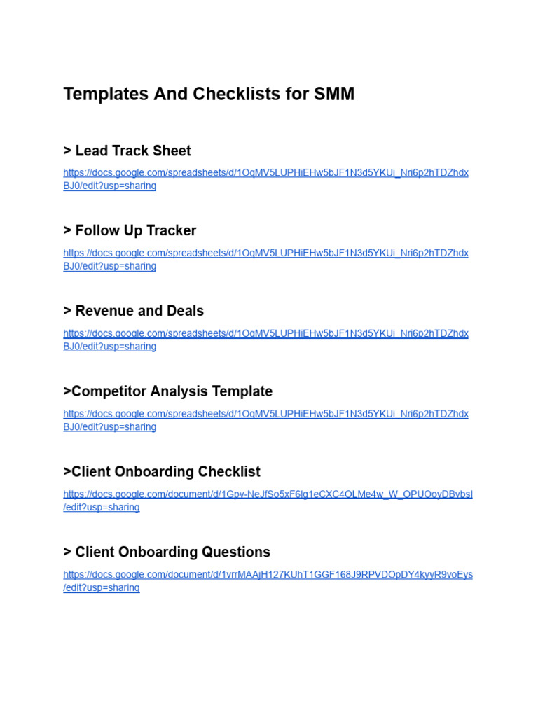 SMM Templates and Checklists Guide | PDF