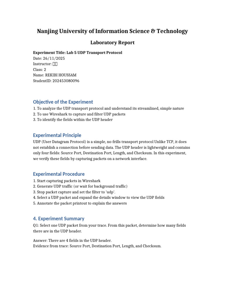 UDP Transport Protocol Lab Report | PDF