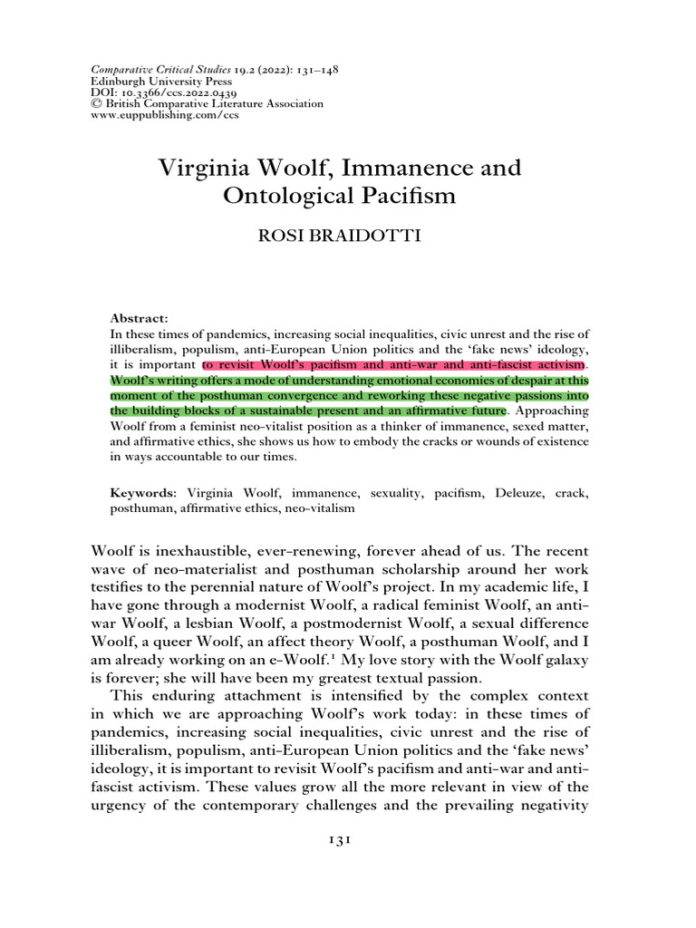 Braidotti 2022 Virginia Woolf Immanence and Ontological Pacifism | PDF ...