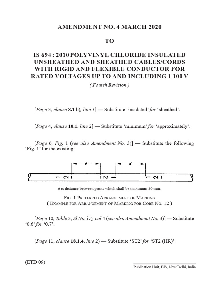 IS 694:2020 PVC Cable Amendment 4 | PDF