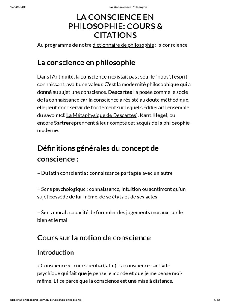 La Conscience en Philosophie: Concepts Clés | PDF | Conscience | René ...