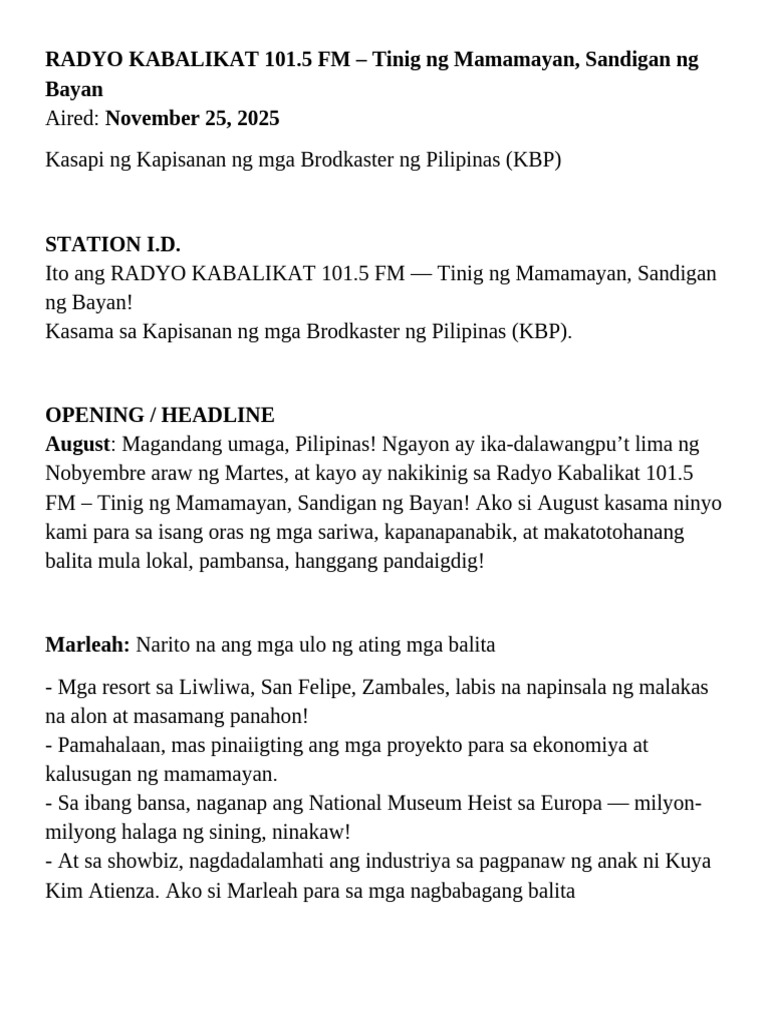 Radyo Kabalikat Broadcast Script | PDF