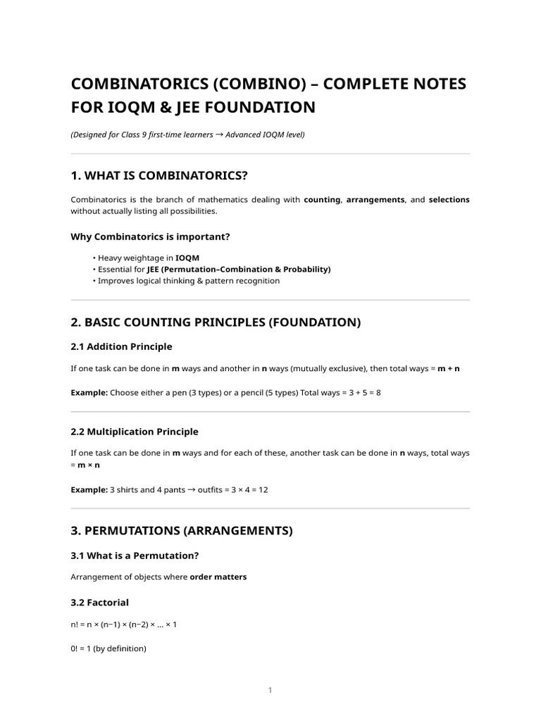 Combinatorics Notes for IOQM & JEE | PDF | Mathematics | Discrete ...