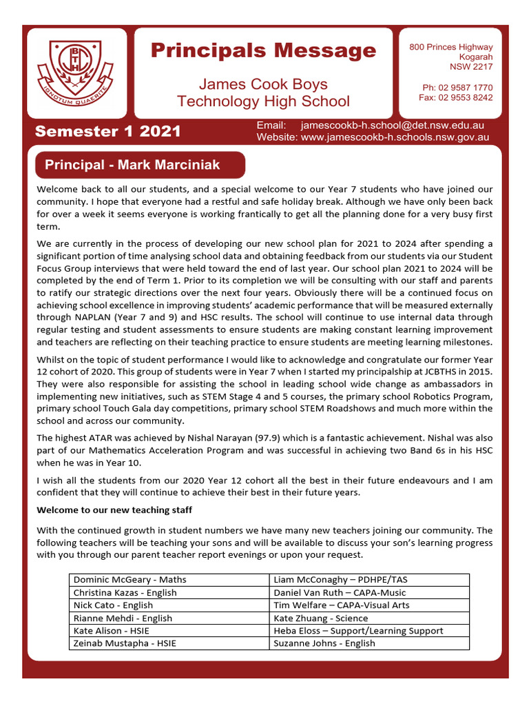 Principal's Message: James Cook Boys High | PDF