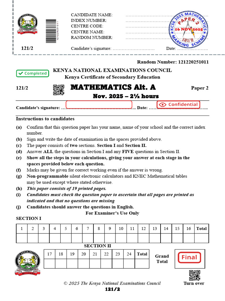 KCSE Mathematics Paper 2 - Nov 2025 | PDF | Elementary Geometry ...