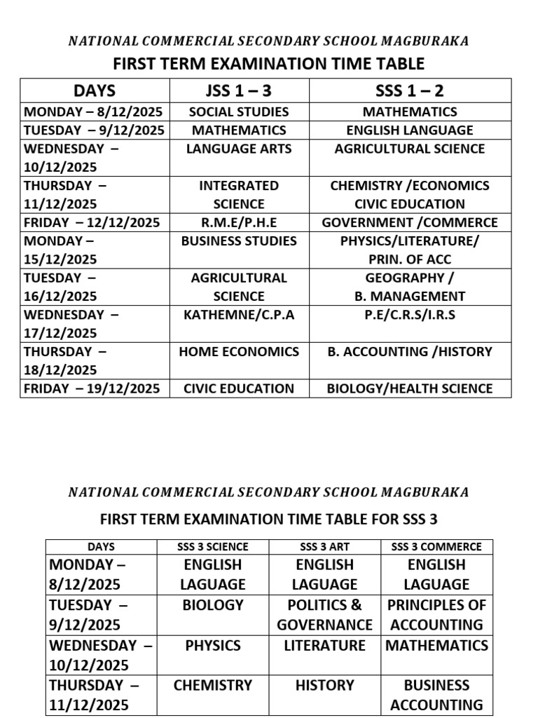 First Term Exam Timetable 2025 | PDF