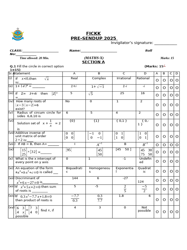 10th Pre Sendup Maths 2025 | PDF