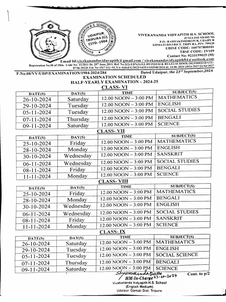 Half Yearly Exam Routine 2024 | PDF