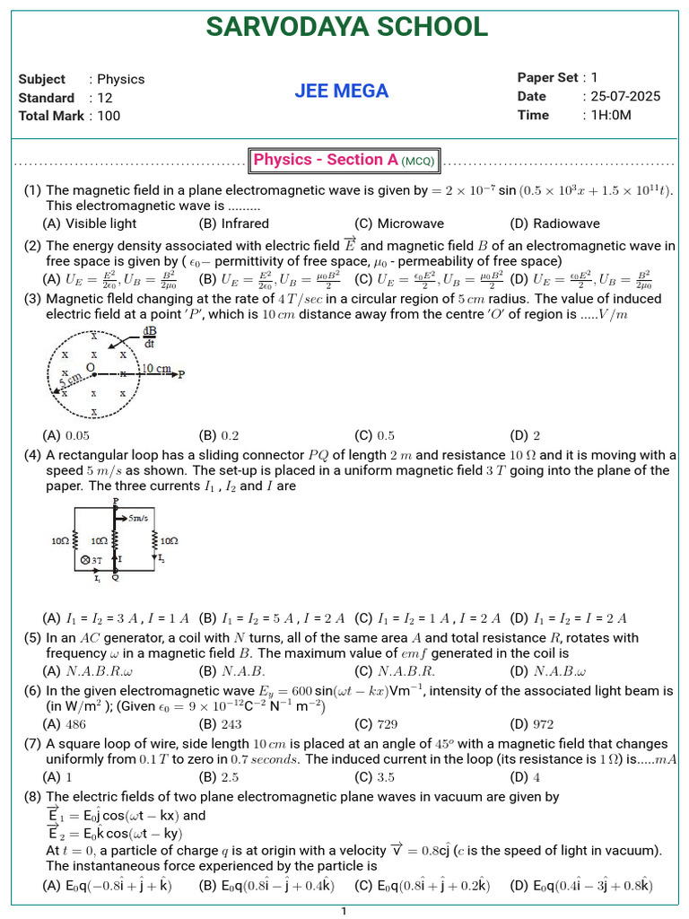 JEE Mega Physics Paper Set 1 | PDF | Inductance | Electromagnetic Induction