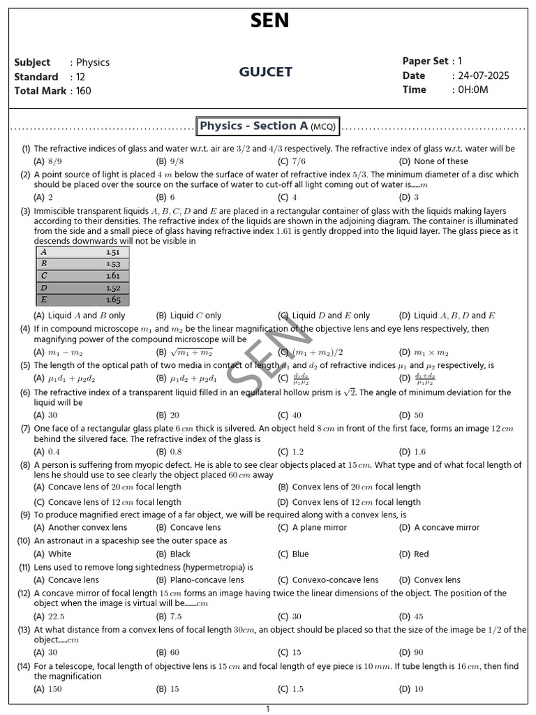 Physics GUJCET 2025 MCQ Paper Set 1 | PDF | Optics | Light