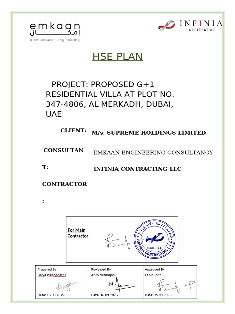HSE Plan for G+1 Villa Project, Dubai | PDF | Occupational Safety And ...
