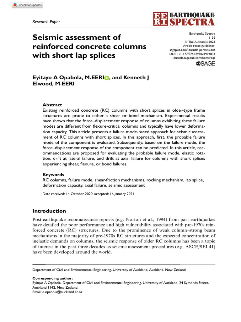 Seismic Assessment of RC Columns with Short Splices | PDF | Strength Of ...