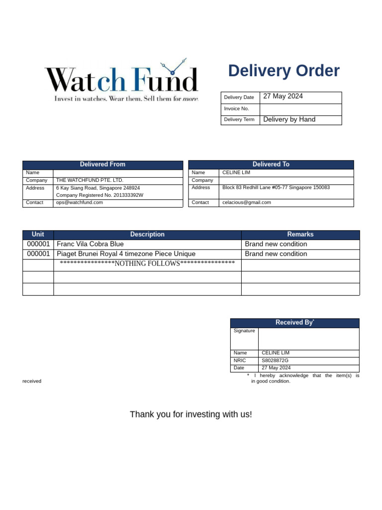 Delivery Order for Luxury Watches | PDF