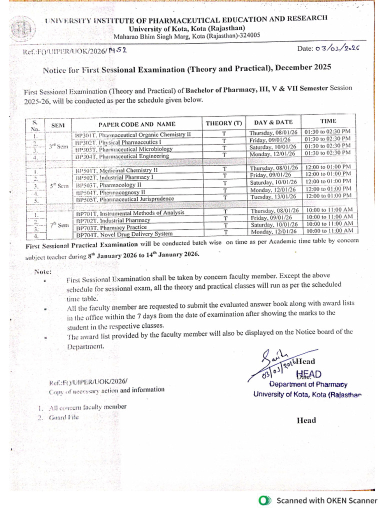 Exam Time Table, 1st Sessional Dec 2025 | PDF