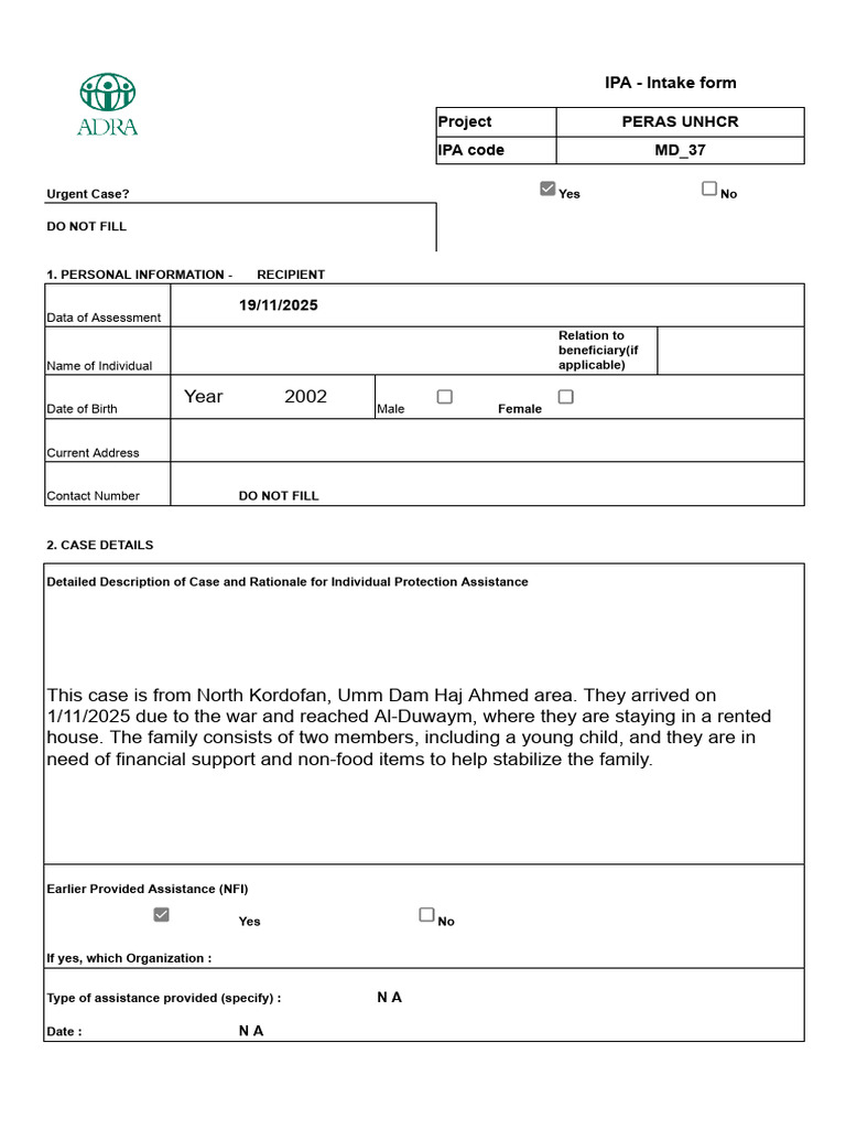 Urgent IPA Intake Form for ADRA Support | PDF | Justice | Crime & Violence