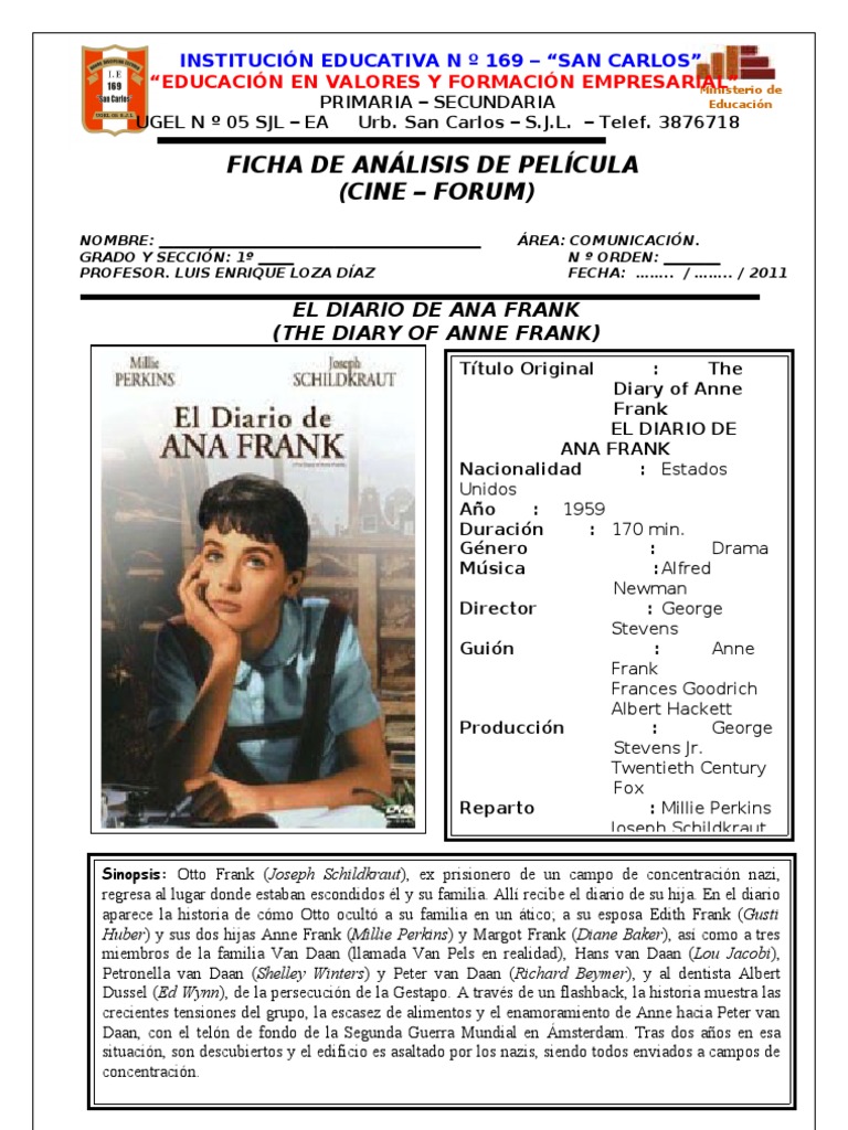 FICHA DE ANÁLISIS DE PELÍCULA EL DIARIO DE ANA FRANK