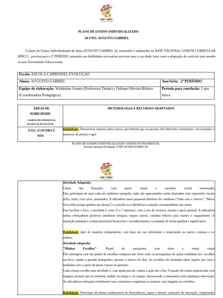 Plano de Ensino Individualizado para Augusto | PDF | Cor | Desenho